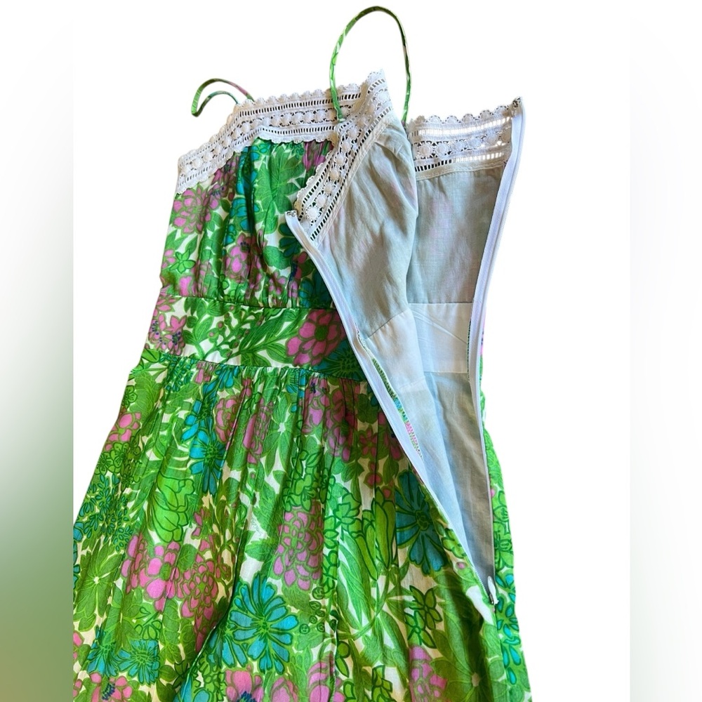 MILLY Green Pink Floral Garden Sun Dress Lace Trim *As Seen on Dexter TV* Sz 2 - Picture 7 of 14